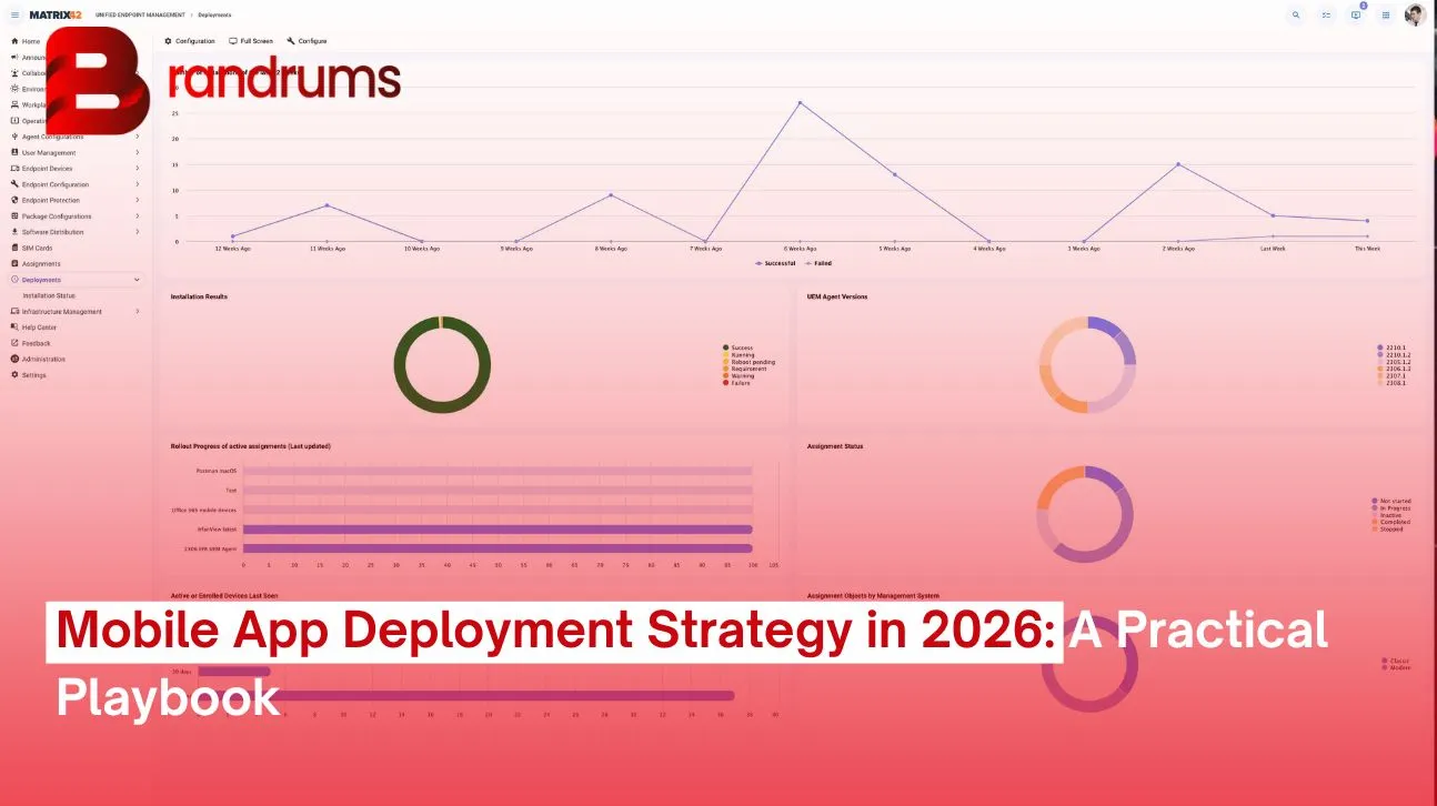 Read: Mobile App Deployment Strategy in 2026: A Practical Playbook Mobile app deployment strategy dashboard showing phased rollout percentage, crash-free users, and TestFlight beta build status